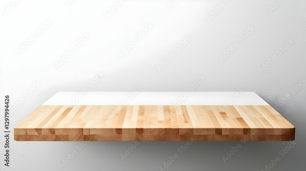 Poster Empty Wood Shelf Mounted On A White Wall Displaying Products and Objects