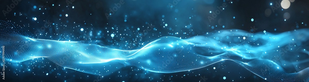 Poster a stunning abstract representation of flowing blue waves interspersed with shimmering particles, cre