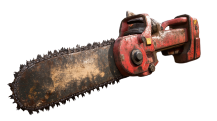 Rust & Power: A close-up shot showcases an old, rusty chainsaw, emphasizing its rugged, heavy-duty construction. The vibrant orange-red casing adds a sharp contrast to the weathered metal.
