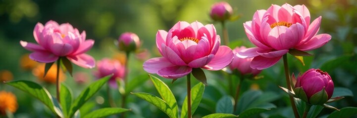 Obraz premium Peony flowers in a lush garden setting, garden, foliage, floral