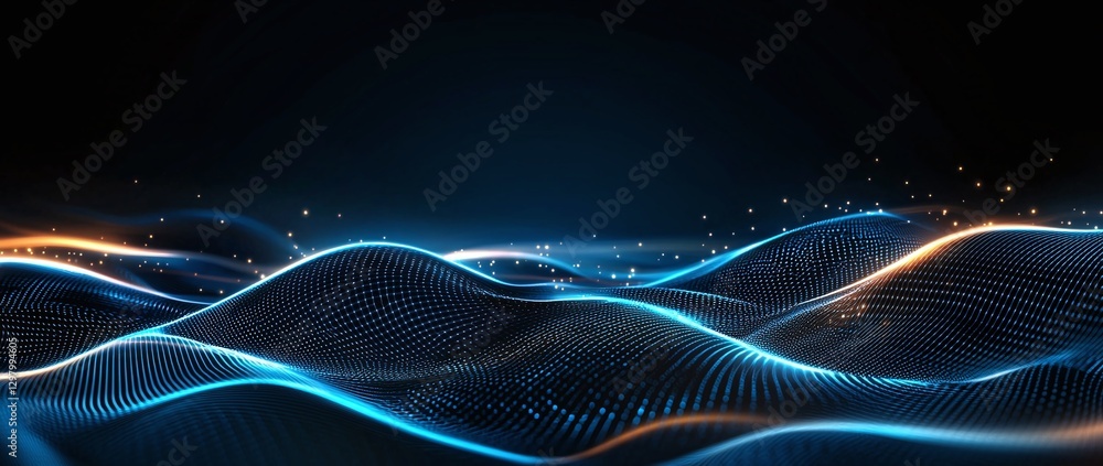 Poster a stunning abstract representation of glowing waves in shades of blue and orange, illustrating the c