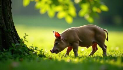 Fototapeta premium Piglet grazing under trees, forest, nature, tree