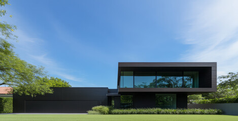 Fototapeta premium Modern black house with large windows surrounded by lush greenery on a sunny day