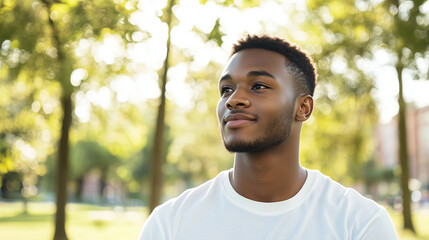 A calm and introspective young man strolling through a scenic park, captured in a close-up portrait with a soft focus background. His steady gaze and relaxed demeanor exude confide
