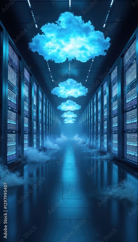 Aufkleber Hallway with server racks, glowing blue clouds cloud computing network. Conceptual representation of data storage, information processing. Futuristic tech, innovation, connection, cyberspace,