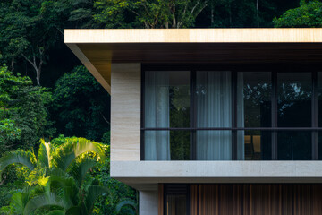 Fototapeta premium Modern architectural design of a house surrounded by lush greenery during daylight hours
