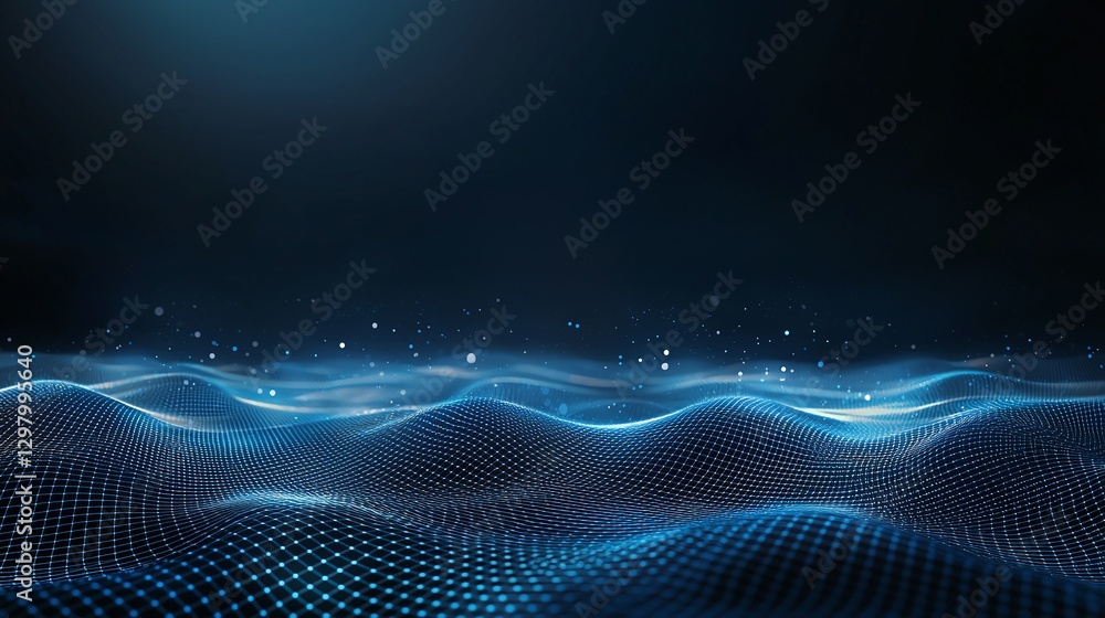 Poster a stunning visualization of digital waves in a dark environment. the blue hues create a serene atmos