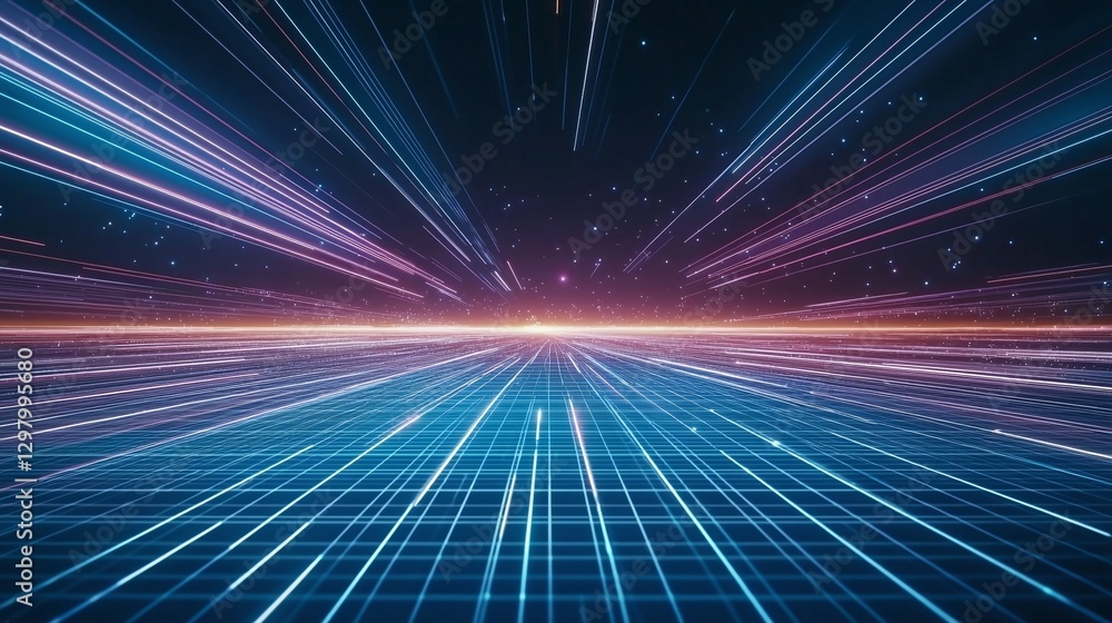 Poster a stunning visualization of speed and motion, featuring vibrant light streaks and a grid pattern, sy