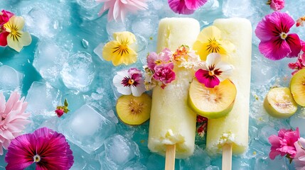 High-resolution photography of Kulfi sticks served with a side of fresh fruits, surrounded by colorful ice cubes and summer flowers