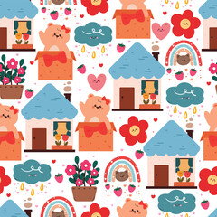 seamless pattern cute cartoon bear and cat with home and sky element and flower. cute animal pattern for wallpaper, background