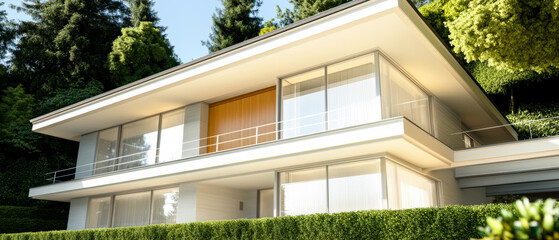 Fototapeta premium Modern house design surrounded by lush greenery and trees in bright daylight