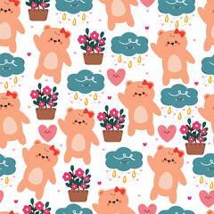 seamless pattern cute cartoon bear with flower pot and sky element. cute animal pattern for wallpaper, background and gift wrap paper