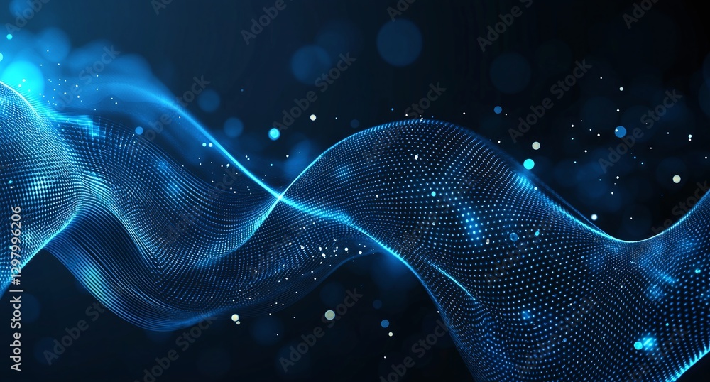 Poster a vibrant abstract composition showcasing flowing blue waves with glowing dots, representing digital