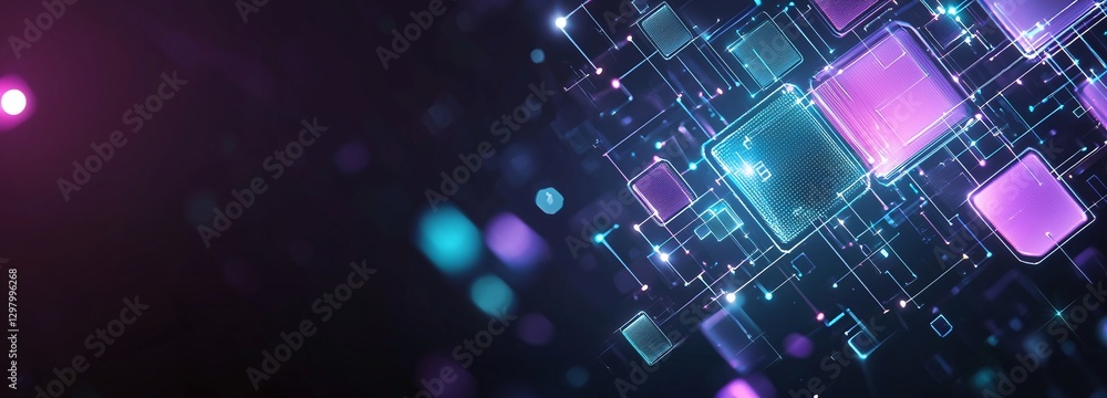 Poster a vibrant abstract design featuring glowing squares and particles, illustrating the concept of digit