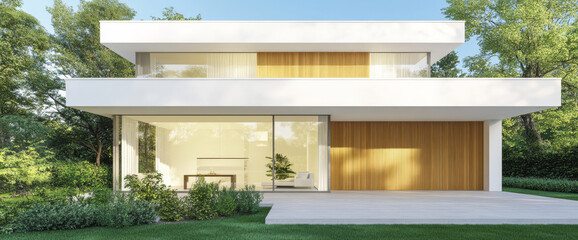 Modern house design with large windows in a peaceful outdoor setting during daytime
