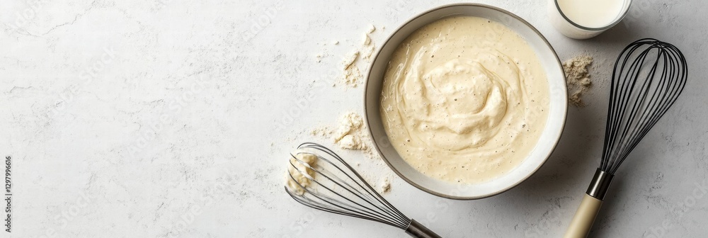 Poster Mixing batter in a bowl with whisks and milk on a countertop during a kitchen preparation session. Generative AI