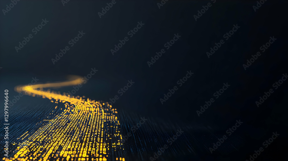 Poster golden digital pathway of data stream on a dark blue abstract background with light effects