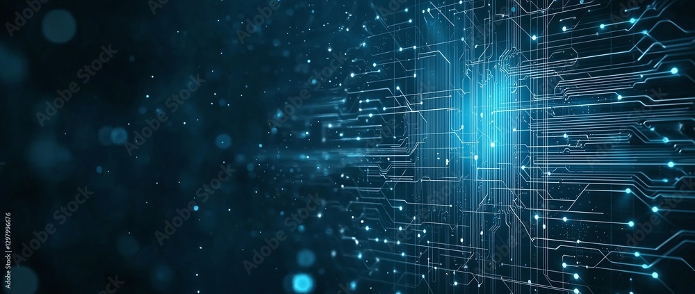 Poster a vibrant abstract visualization of technology, featuring interconnected circuits with glowing nodes