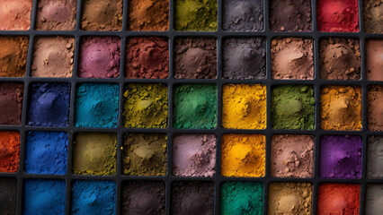 An artistic top-down shot of an open eyeshadow palette with rich, pigmented colors, surrounded by dynamic splashes of crushed pigments. The powders appear to burst into the air, with a stunning visual