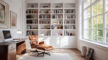 Home office library with floor to ceiling white bookshelves and mid century desk and chair