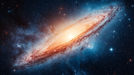 Fototapeta premium A captivating depiction of the Andromeda galaxy, glowing in the vastness of space, symbolizing the infinite possibilities and mysteries of the cosmos, evoking wonder and curiosity.