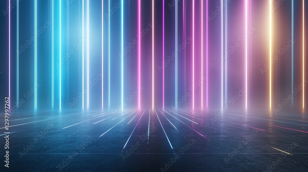 Poster a vibrant and futuristic background featuring vertical neon lights in a spectrum of colors. perfect 