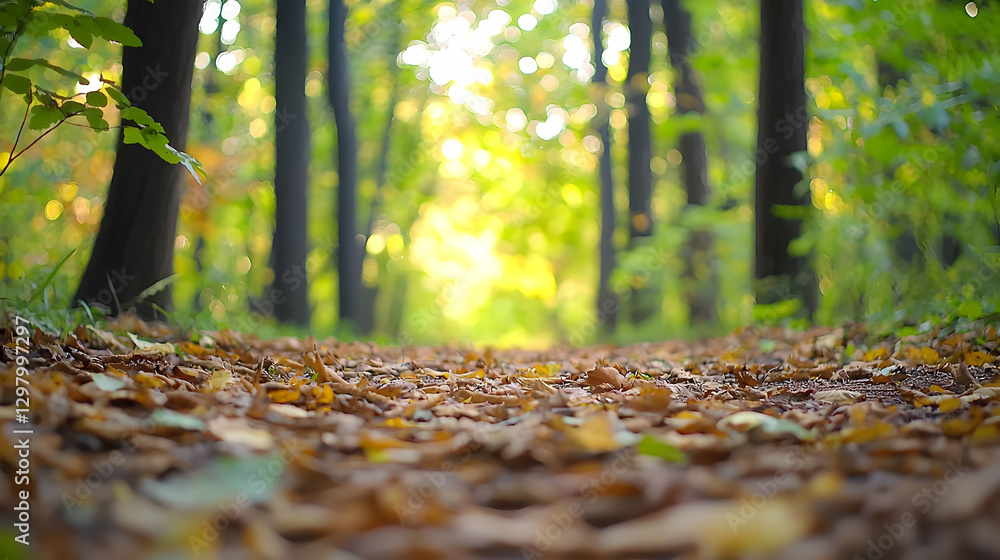 Poster autumnal forest path with sunlight through tall trees and fallen leaves during daytime with bokeh ef