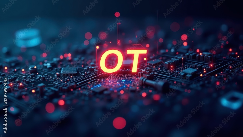 Poster ot security. word to is illuminated in red on circuit board