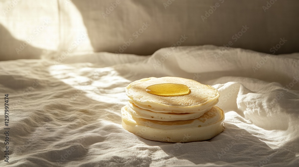 Aufkleber soft pancakes stacked on a light fabric background with a drizzle of syrup highlighting their fluffy