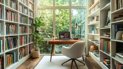 Home office library with floor to ceiling white bookshelves and mid century desk and chair
