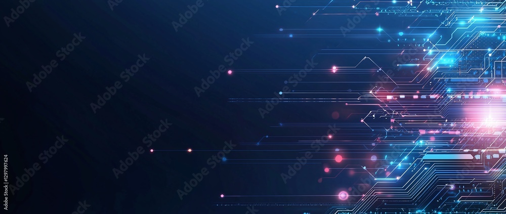 Poster a vibrant digital abstract design showcasing futuristic technology with glowing lines and circuits, 