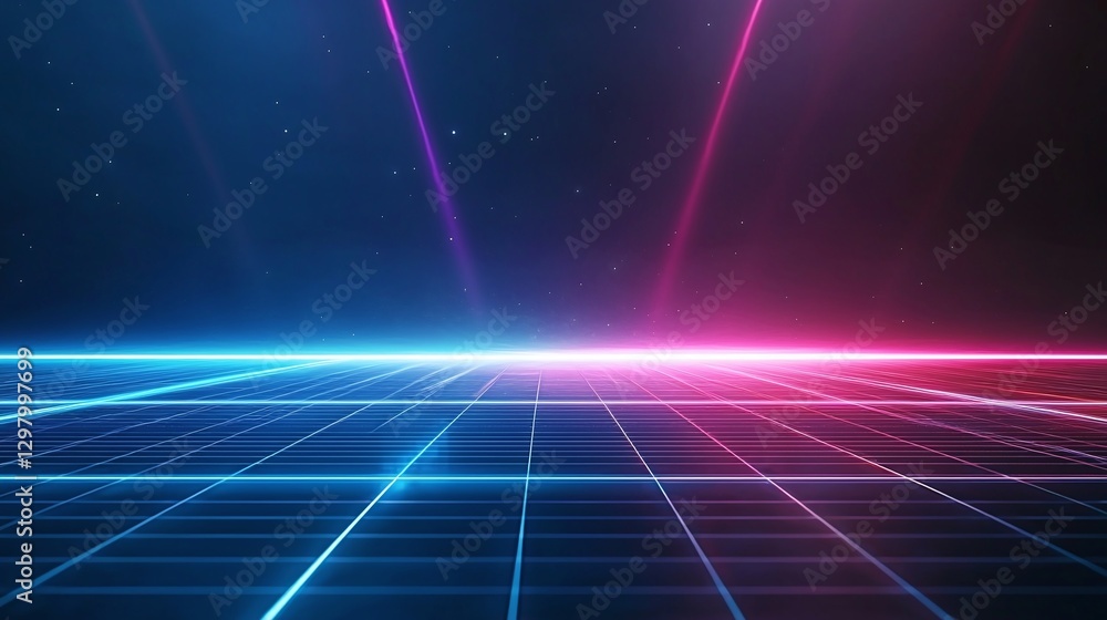 Poster a vibrant digital backdrop featuring neon blue and pink lines creating a grid pattern against a dark