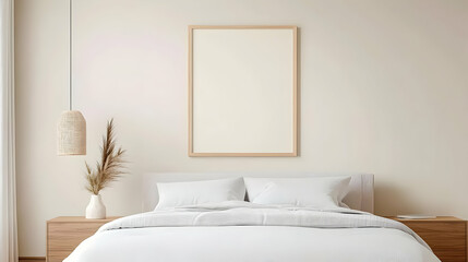 Neutral Toned Bedroom Interior With Wooden Furnishings and Empty Picture Frame