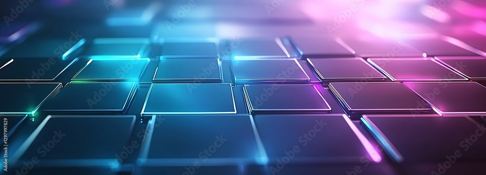 Poster a vibrant digital background featuring glowing tiles of various colors, creating a futuristic effect