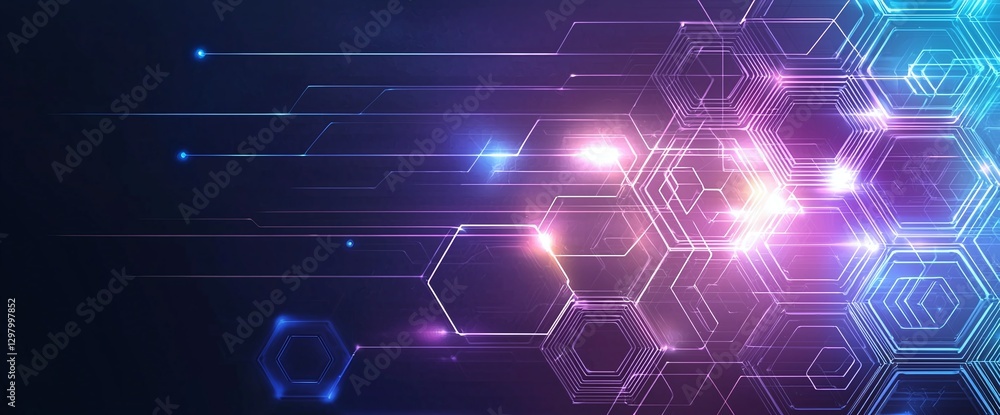 Poster a vibrant digital background featuring hexagonal patterns and glowing lights, ideal for tech themes,