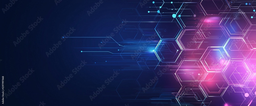 Poster a vibrant digital background featuring hexagonal patterns and glowing nodes. the interplay of light 