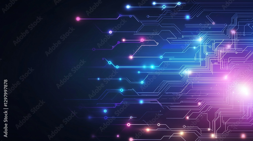 Poster a vibrant digital background featuring intricate circuit patterns illuminated by colorful lights. id
