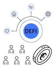 Round central DEFI hub connected to icons shopping cart, house, gear, heart. Below, five figures and a digital coin symbol. Ideal for finance, digital currency, decentralization, technology