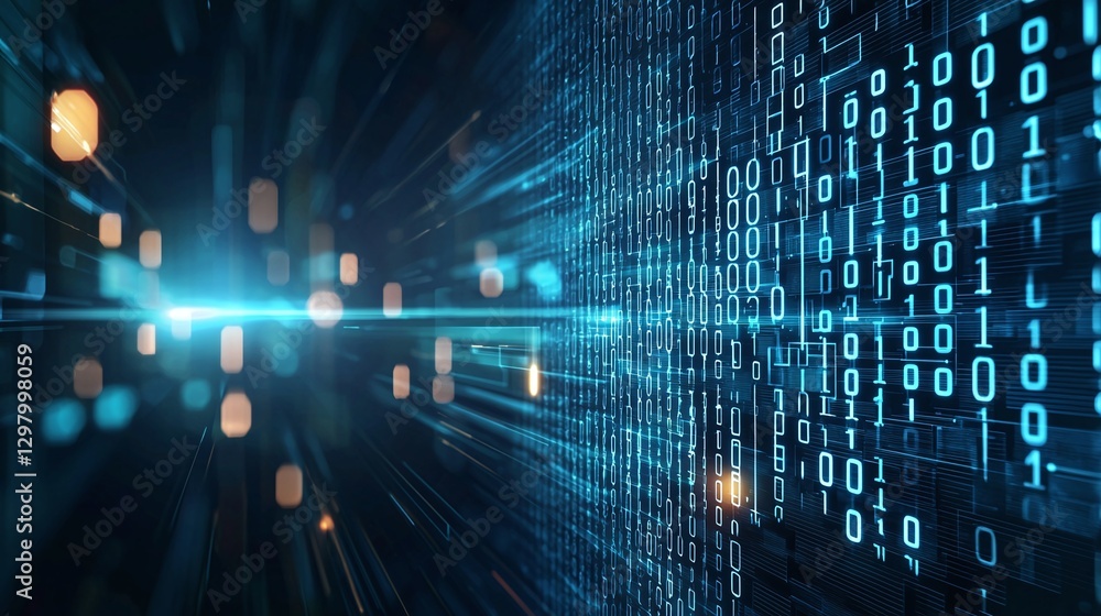 Poster a vibrant digital landscape featuring streams of binary code and glowing lights, symbolizing data fl