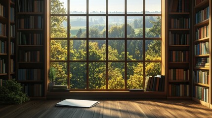 scenic bookshelf background interior home office library study with window views of trees and rolling hills teams backdrop. Rustic wood in cozy room. Virtual online presentation meeting room.