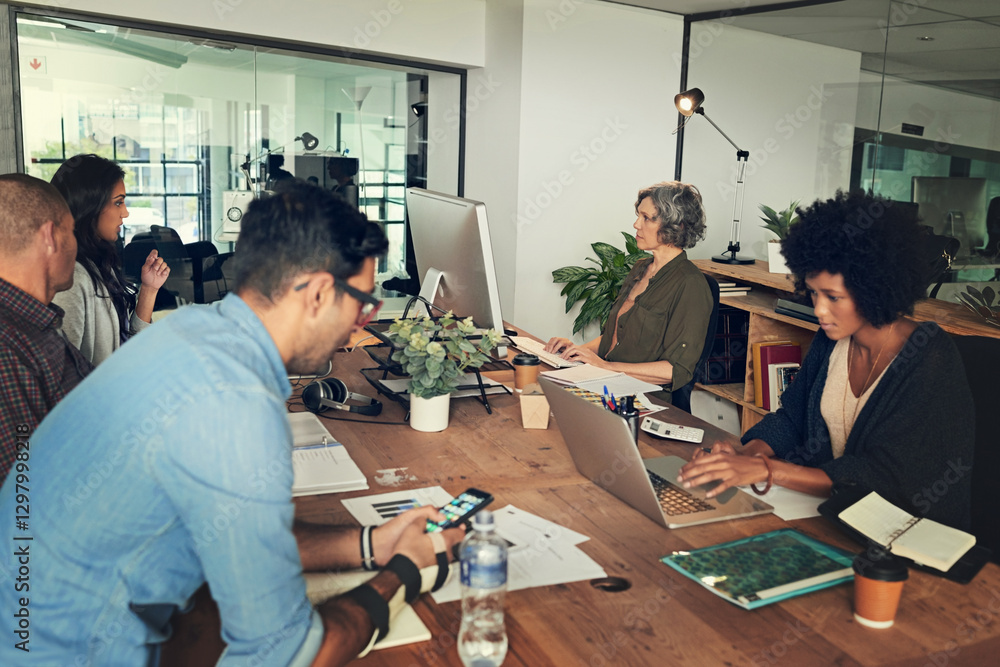 Poster Coworking, teamwork and planning with business people in office for brainstorming, startup and agency. Collaboration, creative idea and design editor with employees for project management in group