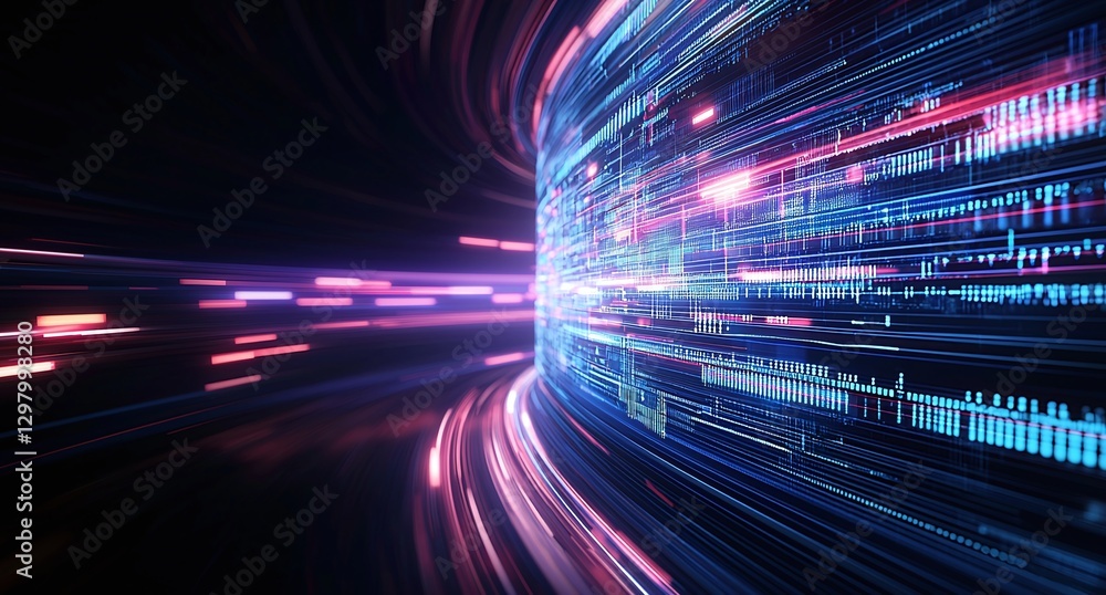 Poster a vibrant display of digital data streaming through space, depicting the rapid pace of technology an