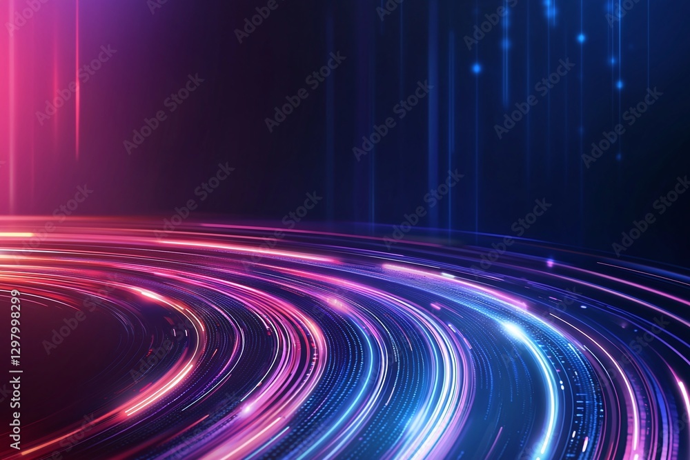Poster a vibrant display of neon light trails spiraling in a futuristic pattern, ideal for tech themes, dig