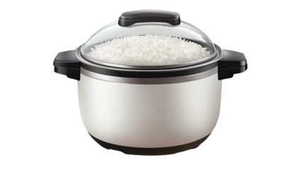 Rice Cooker's Delight: A gleaming stainless steel rice cooker, filled with fluffy, cooked rice, is set against a backdrop.