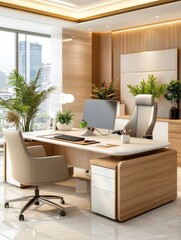 Modern Executive Office Desk with City View.