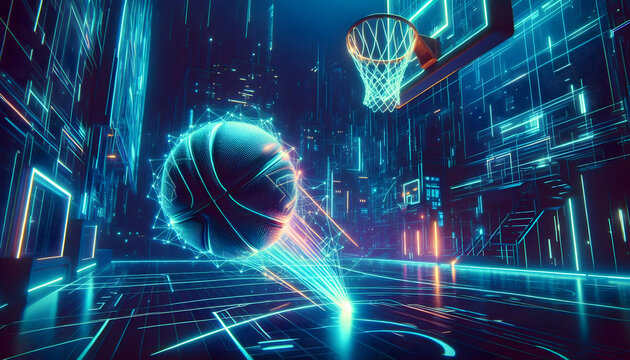 Basketball A futuristic, neon-lit basketball court where the ball glows as it nears the hoop, creating a cyberp4