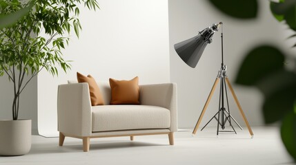 Cream Colored Sofa with Brown Pillows in Minimalist Interior Setting