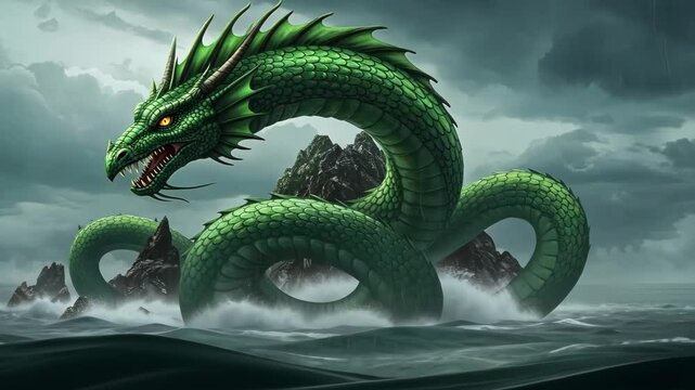 Majestic green sea serpent emerging from ocean waves near rocky island.