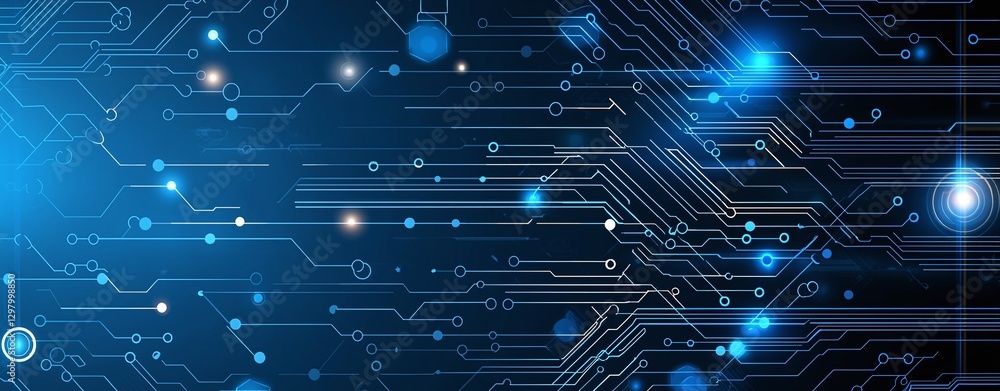 Poster a vivid abstract representation of a digital circuit board, showcasing intricate patterns and glowin