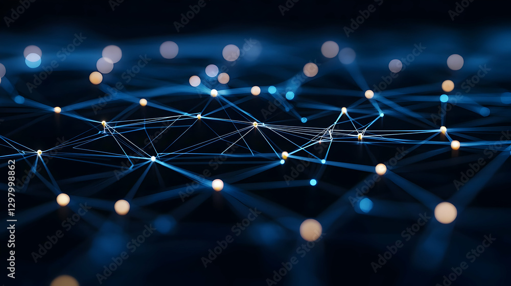 Poster abstract blue digital network of connected nodes and lines with glowing dots illustrating technology